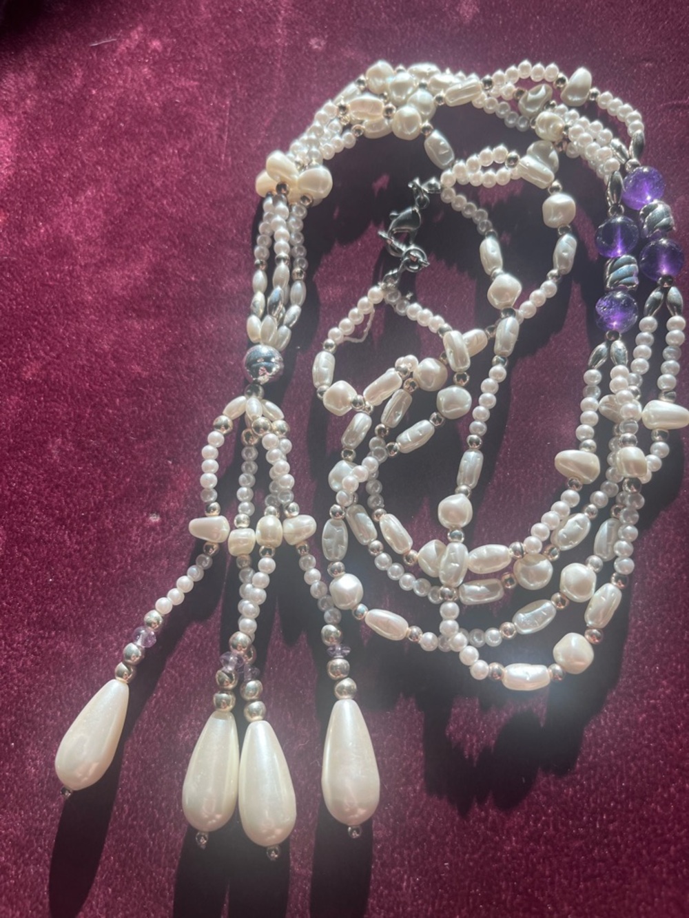 Vintage Napier Multi-Strand Baroque faux Pearl Lariat Necklace cascading
